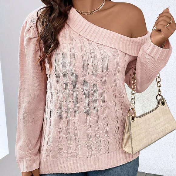 Pink Casual Womens Asymmetrical Neck Cable Knit Sweater - Picture 3 of 4